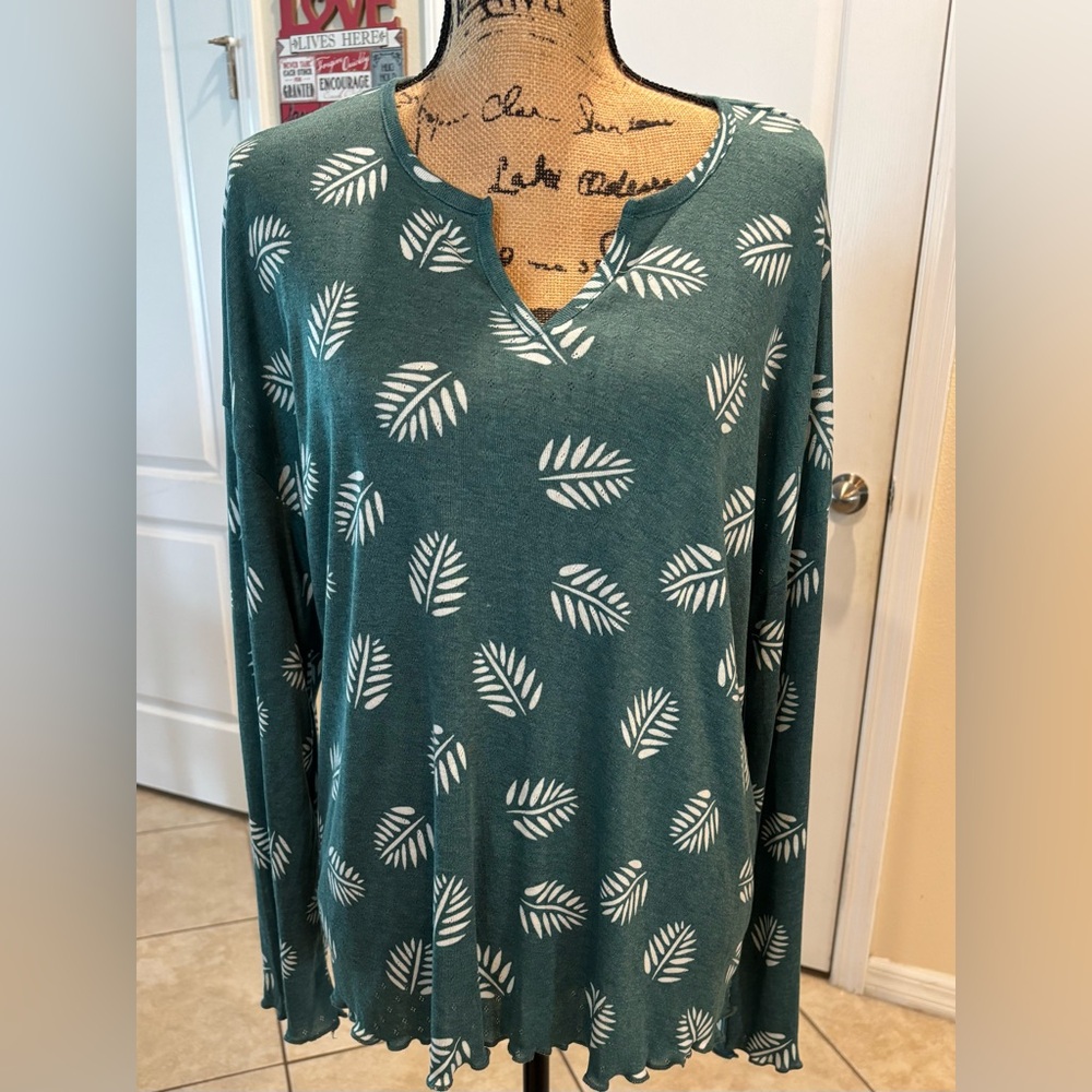 Muk Luks Teal Leaf Print Women's Top